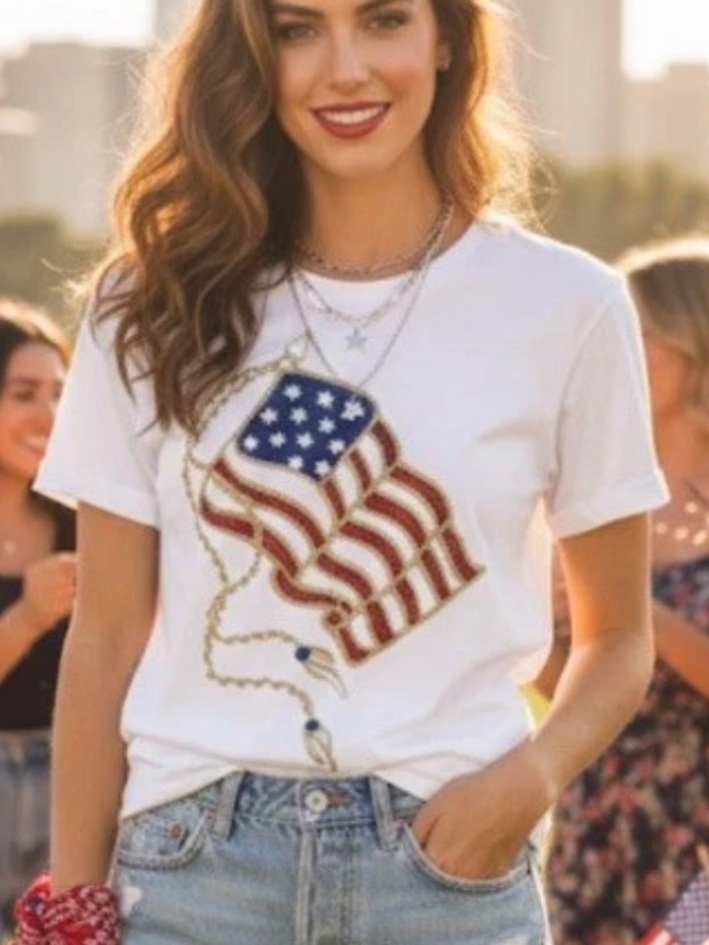 Vintage KARLA MARIE Glitzy Gold Sparkle American Flag Cotton Blend T-SHIRT L